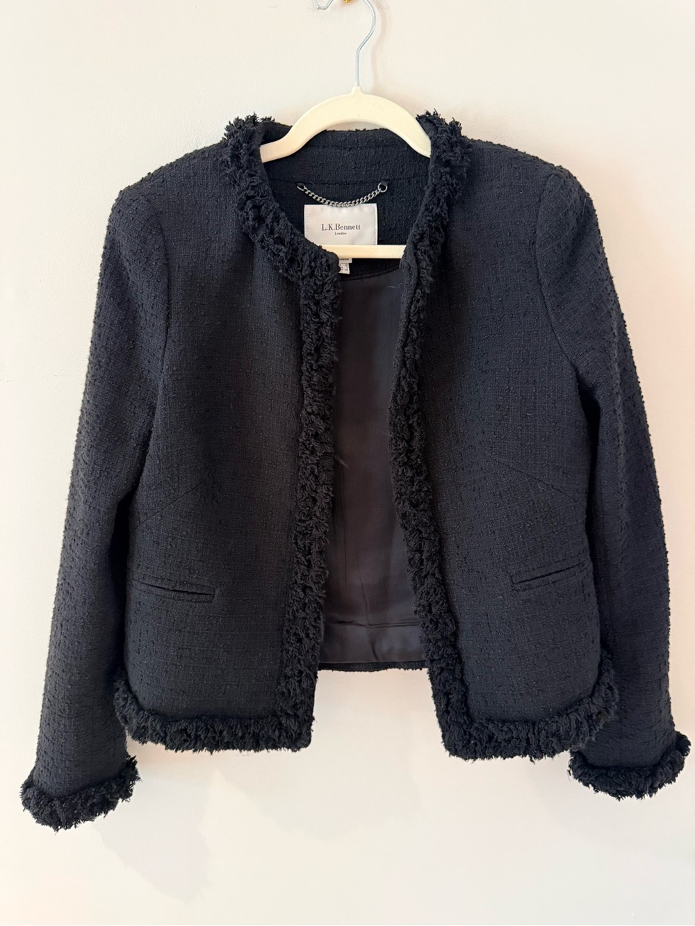 LK Bennett Black Bouclé Fringe Open-Front Jacket. Size 8.